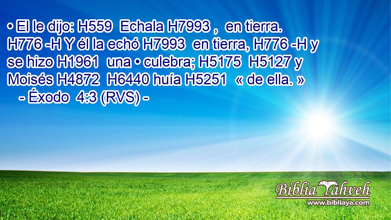 • El le dijo: H559  Echala H7993 ,  en tierra. H776 -H Y él la echó H7993  en tierra, H776 -H y se hizo H1961  una • culebra; H5175  H5127 y Moisés H4872  H6440 huía H5251  « de ella. » 
