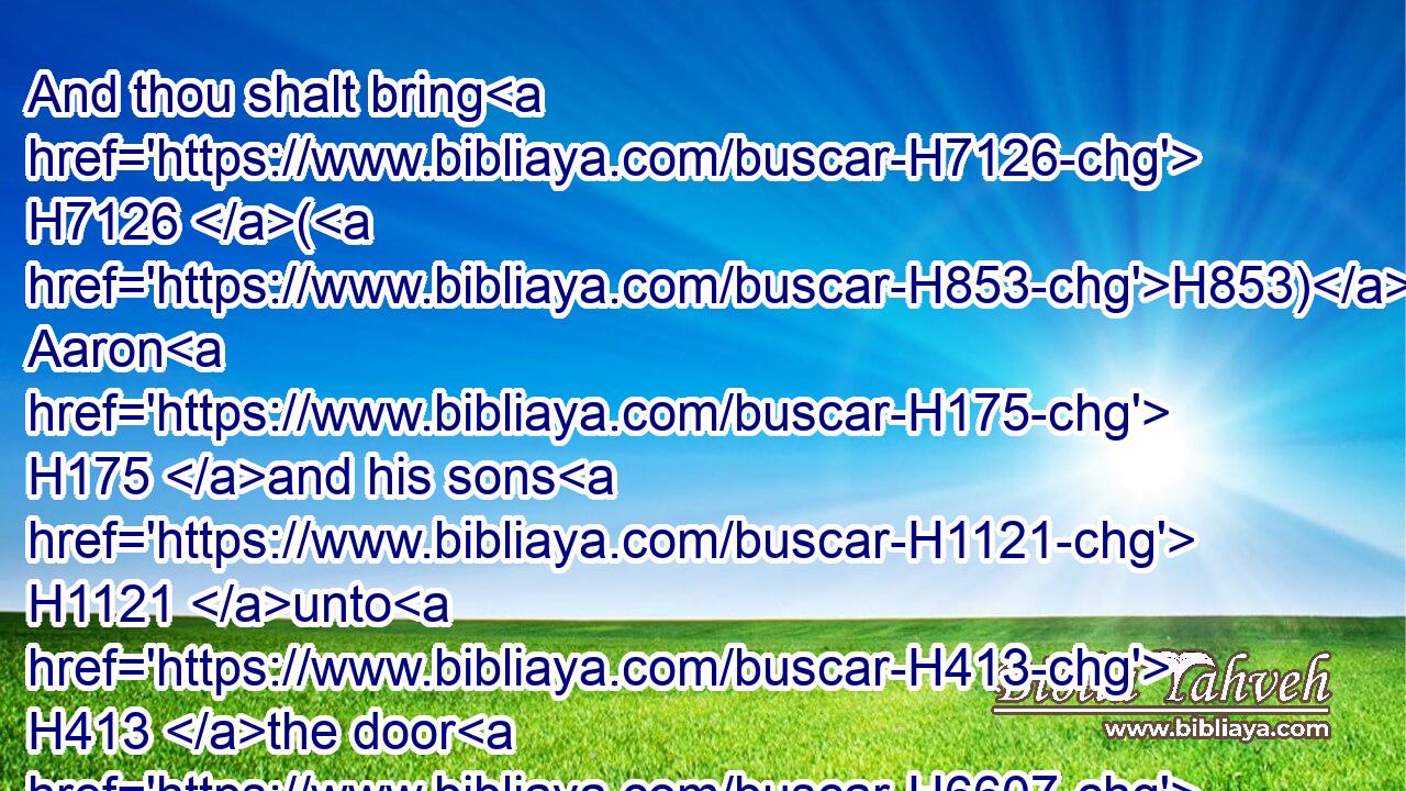 And thou shalt bring H7126 (H853) Aaron H175 and his sons H1121 unto H413 the door H6607 of the tabernacle H168 of the congregation, H4150 and wash H7364 them with water.H4325