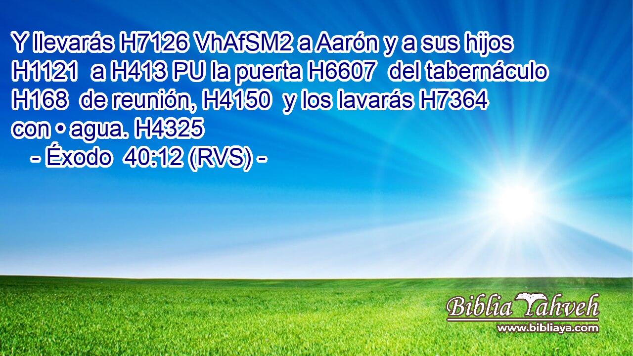 Y llevarás H7126 VhAfSM2 a Aarón y a sus hijos H1121  a H413 PU la puerta H6607  del tabernáculo H168  de reunión, H4150  y los lavarás H7364  con • agua. H4325  