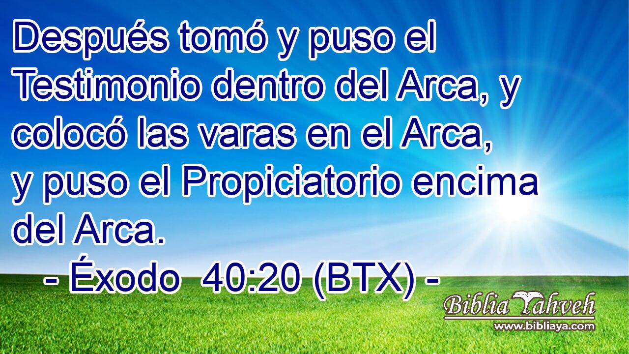 Después tomó y puso el Testimonio dentro del Arca, y colocó las varas en el Arca, y puso el Propiciatorio encima del Arca.