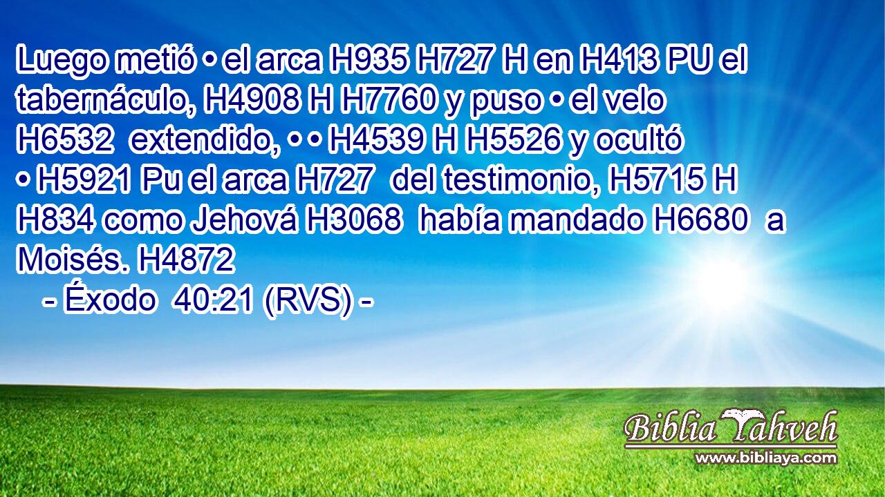 Luego metió • el arca H935 H727 H en H413 PU el tabernáculo, H4908 H H7760 y puso • el velo H6532  extendido, • • H4539 H H5526 y ocultó • H5921 Pu el arca H727  del testimonio, H5715 H H834 como Jehová H3068  había mandado H6680  a Moisés. H4872  