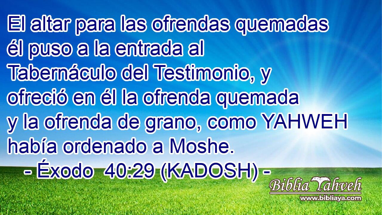  El altar para las ofrendas quemadas él puso a la entrada al Tabernáculo del Testimonio, y ofreció en él la ofrenda quemada y la ofrenda de grano, como YAHWEH había ordenado a Moshe. 
