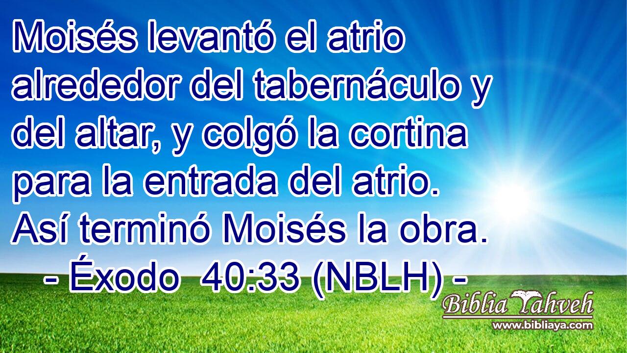  Moisés levantó el atrio alrededor del tabernáculo y del altar, y colgó la cortina para la entrada del atrio. Así terminó Moisés la obra. 