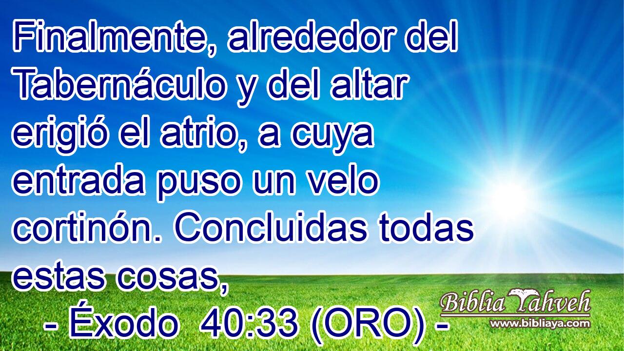  Finalmente, alrededor del Tabernáculo y del altar erigió el atrio, a cuya entrada puso un velo cortinón. Concluidas todas estas cosas, 