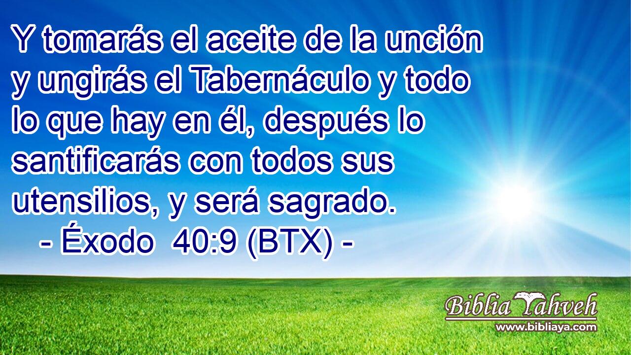 Y tomarás el aceite de la unción y ungirás el Tabernáculo y todo lo que hay en él, después lo santificarás con todos sus utensilios, y será sagrado.