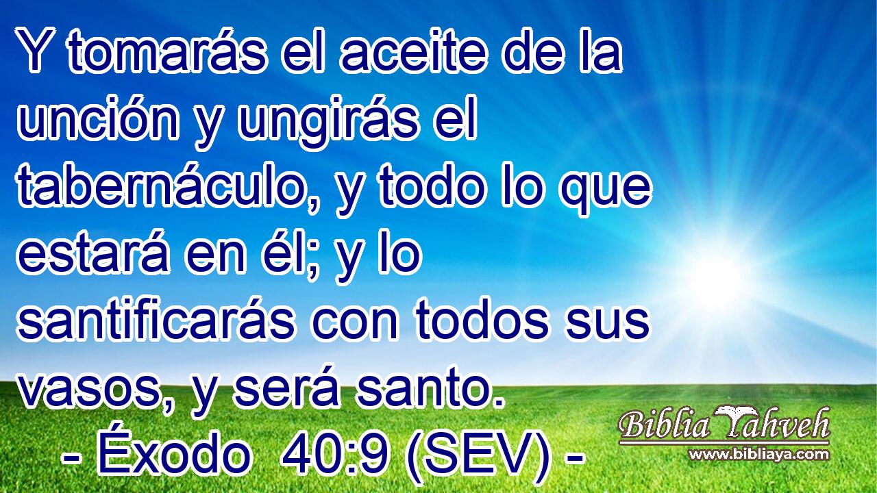 Y tomarás el aceite de la unción y ungirás el tabernáculo, y todo lo que estará en él; y lo santificarás con todos sus vasos, y será santo.