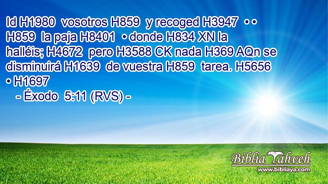 Id H1980  vosotros H859  y recoged H3947  • • H859  la paja H8401  • donde H834 XN la halléis; H4672  pero H3588 CK nada H369 AQn se disminuirá H1639  de vuestra H859  tarea. H5656  • H1697  