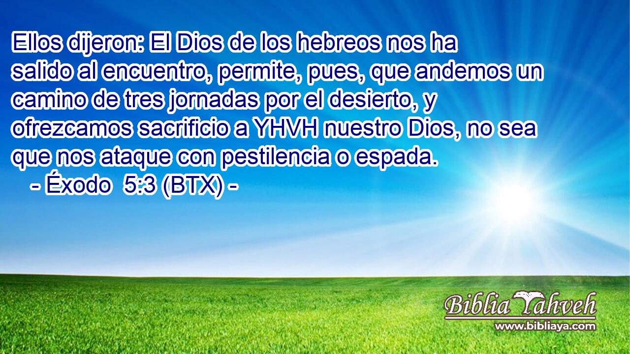 Ellos dijeron: El Dios de los hebreos nos ha salido al encuentro, permite, pues, que andemos un camino de tres jornadas por el desierto, y ofrezcamos sacrificio a YHVH nuestro Dios, no sea que nos ataque con pestilencia o espada.