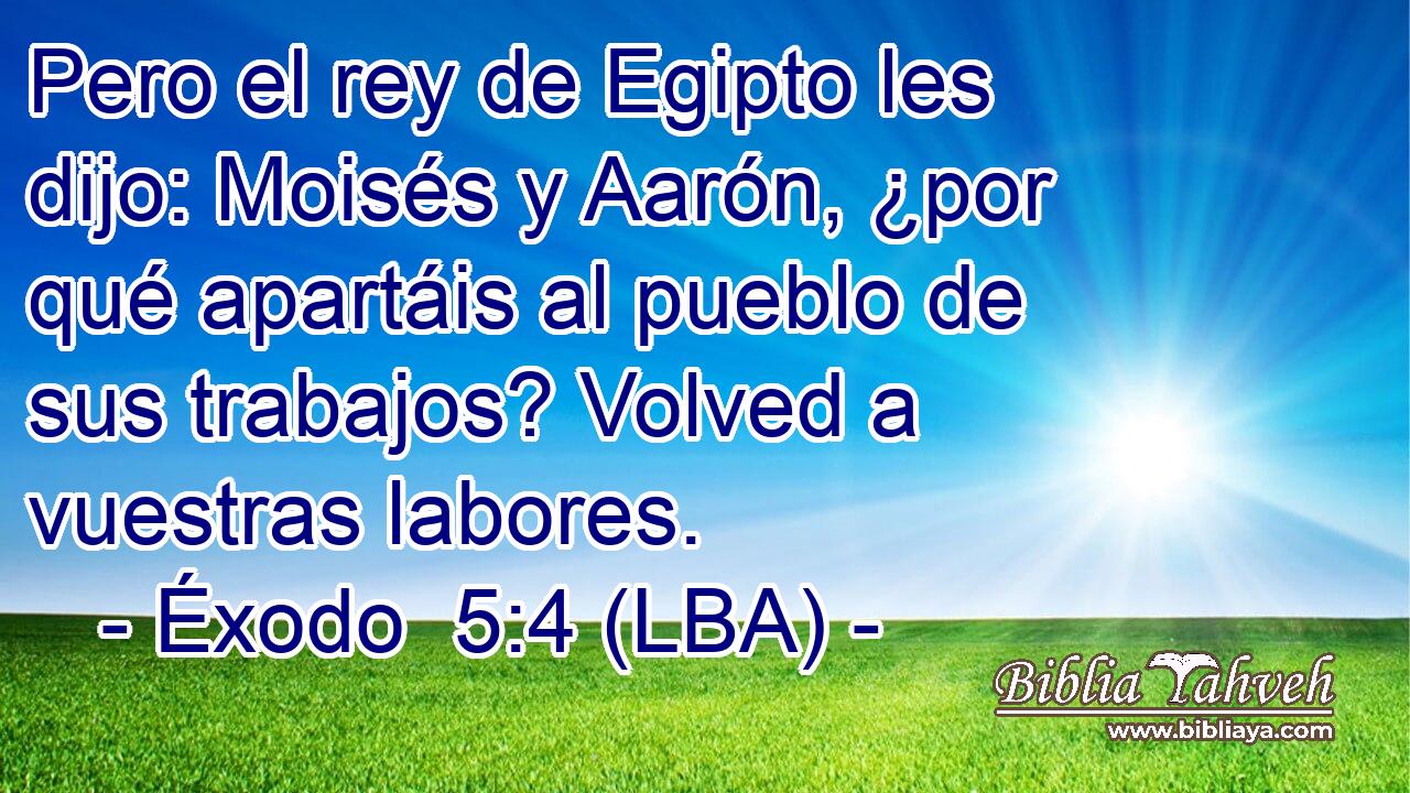Pero el rey de Egipto les dijo: Moisés y Aarón, ¿por qué apartáis al pueblo de sus trabajos? Volved a vuestras labores.