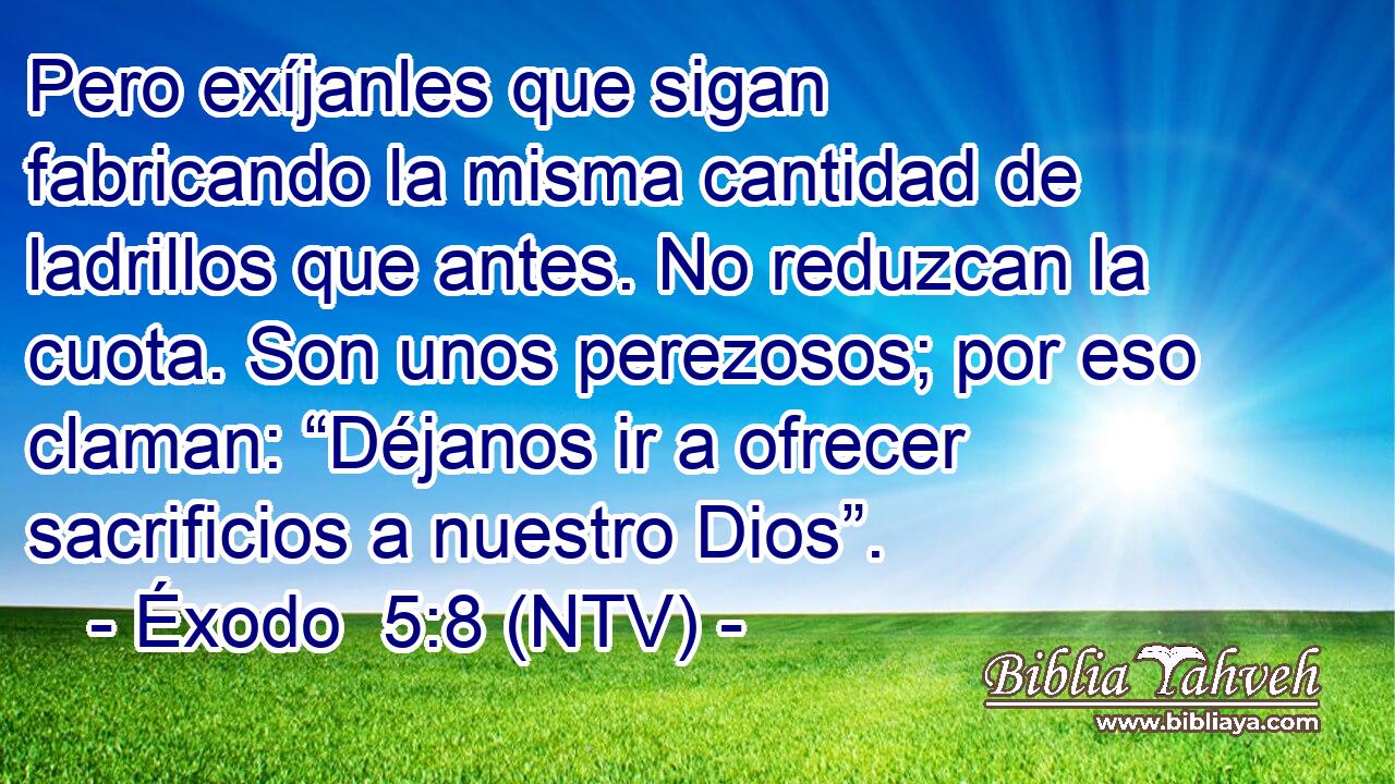 Pero exíjanles que sigan fabricando la misma cantidad de ladrillos que antes. No reduzcan la cuota. Son unos perezosos; por eso claman: “Déjanos ir a ofrecer sacrificios a nuestro Dios”.