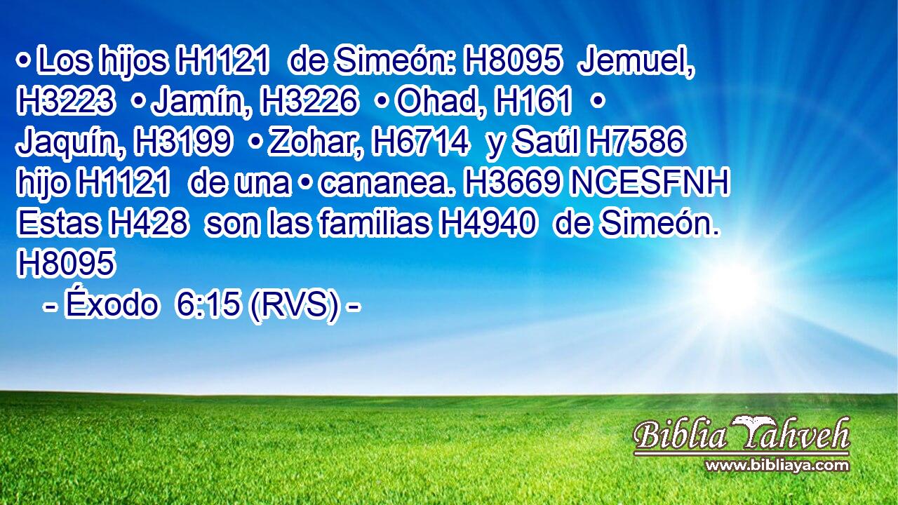 • Los hijos H1121  de Simeón: H8095  Jemuel, H3223  • Jamín, H3226  • Ohad, H161  • Jaquín, H3199  • Zohar, H6714  y Saúl H7586  hijo H1121  de una • cananea. H3669 NCESFNH Estas H428  son las familias H4940  de Simeón. H8095  