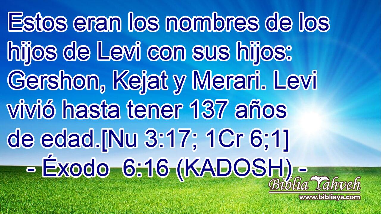  Estos eran los nombres de los hijos de Levi con sus hijos: Gershon, Kejat y Merari. Levi vivió hasta tener 137 años de edad.[Nu 3:17; 1Cr 6;1] 