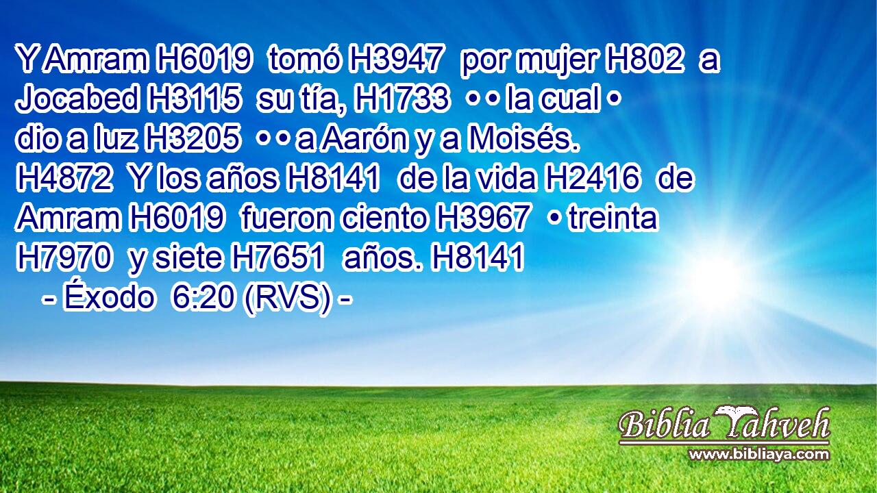 Y Amram H6019  tomó H3947  por mujer H802  a Jocabed H3115  su tía, H1733  • • la cual • dio a luz H3205  • • a Aarón y a Moisés. H4872  Y los años H8141  de la vida H2416  de Amram H6019  fueron ciento H3967  • treinta H7970  y siete H7651  años. H8141  