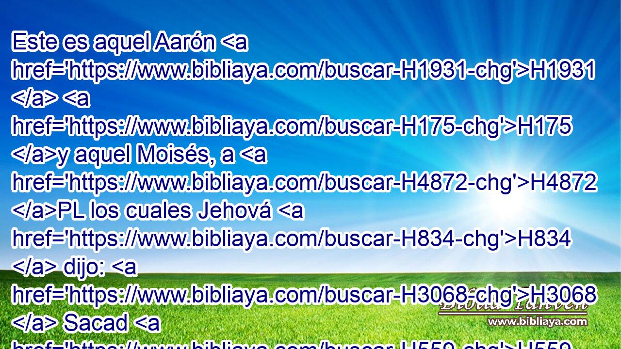 Este es aquel Aarón H1931  H175 y aquel Moisés, a H4872 PL los cuales Jehová H834  dijo: H3068  Sacad H559  a H3318 PA los hijos de H1121 Israel de H3478 PM la tierra de H776 Egipto por H4714 Pu sus H5921  H6635 ejércitos. 