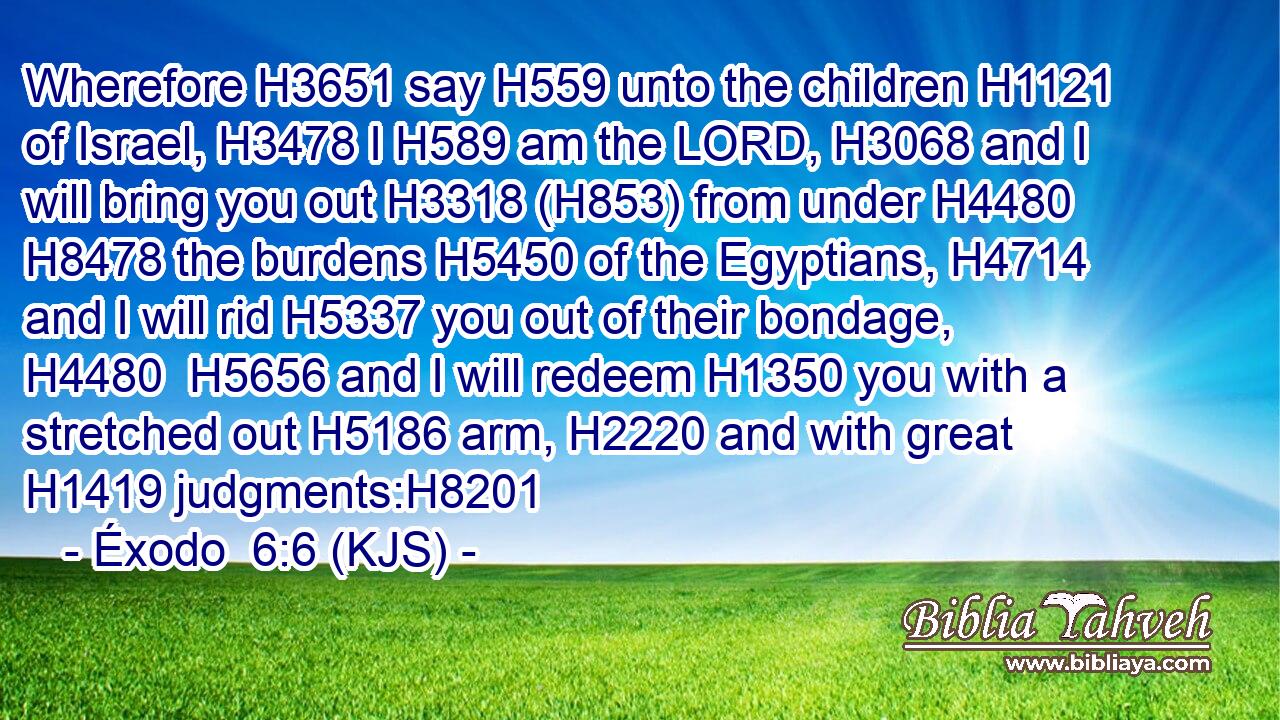 Wherefore H3651 say H559 unto the children H1121 of Israel, H3478 I H589 am the LORD, H3068 and I will bring you out H3318 (H853) from under H4480  H8478 the burdens H5450 of the Egyptians, H4714 and I will rid H5337 you out of their bondage, H4480  H5656 and I will redeem H1350 you with a stretched out H5186 arm, H2220 and with great H1419 judgments:H8201