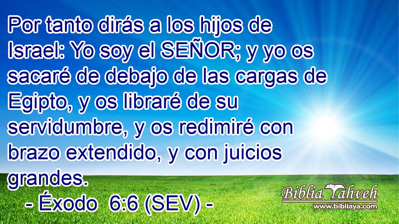 Por tanto dirás a los hijos de Israel: Yo soy el SEÑOR; y yo os sacaré de debajo de las cargas de Egipto, y os libraré de su servidumbre, y os redimiré con brazo extendido, y con juicios grandes.