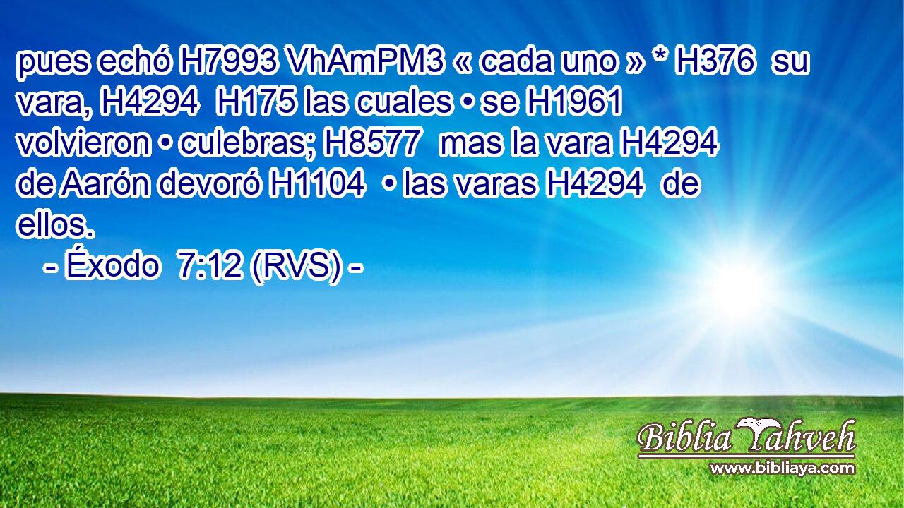 pues echó H7993 VhAmPM3 « cada uno » * H376  su vara, H4294  H175 las cuales • se H1961  volvieron • culebras; H8577  mas la vara H4294  de Aarón devoró H1104  • las varas H4294  de ellos. 