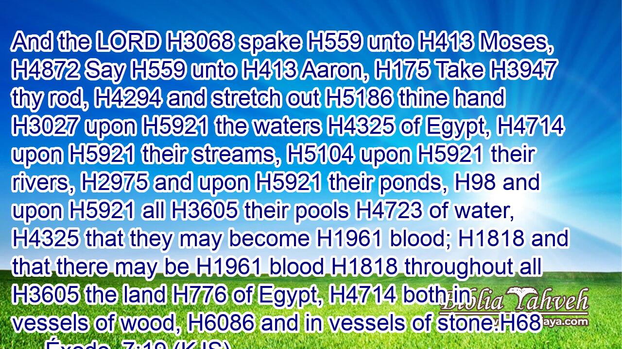 And the LORD H3068 spake H559 unto H413 Moses, H4872 Say H559 unto H413 Aaron, H175 Take H3947 thy rod, H4294 and stretch out H5186 thine hand H3027 upon H5921 the waters H4325 of Egypt, H4714 upon H5921 their streams, H5104 upon H5921 their rivers, H2975 and upon H5921 their ponds, H98 and upon H5921 all H3605 their pools H4723 of water, H4325 that they may become H1961 blood; H1818 and that there may be H1961 blood H1818 throughout all H3605 the land H776 of Egypt, H4714 both in vessels of wood, H6086 and in vessels of stone.H68