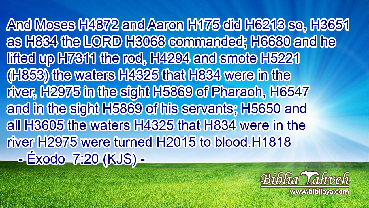 And Moses H4872 and Aaron H175 did H6213 so, H3651 as H834 the LORD H3068 commanded; H6680 and he lifted up H7311 the rod, H4294 and smote H5221 (H853) the waters H4325 that H834 were in the river, H2975 in the sight H5869 of Pharaoh, H6547 and in the sight H5869 of his servants; H5650 and all H3605 the waters H4325 that H834 were in the river H2975 were turned H2015 to blood.H1818