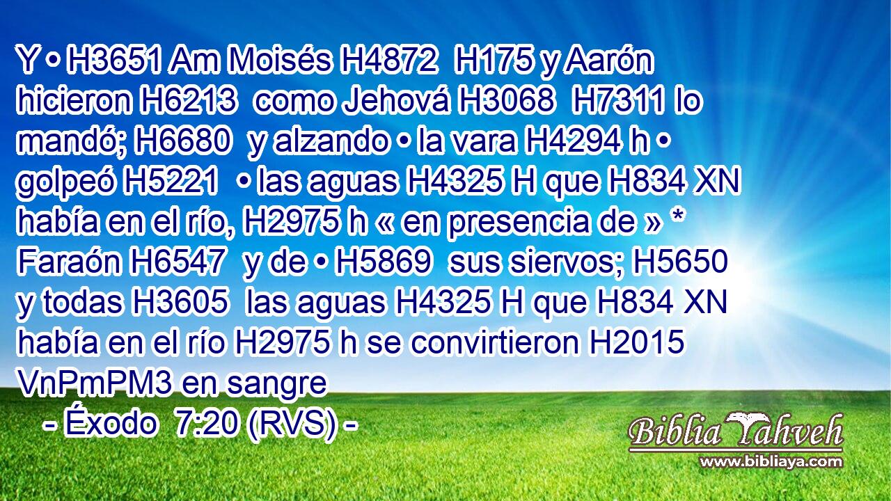 Y • H3651 Am Moisés H4872  H175 y Aarón hicieron H6213  como Jehová H3068  H7311 lo mandó; H6680  y alzando • la vara H4294 h • golpeó H5221  • las aguas H4325 H que H834 XN había en el río, H2975 h « en presencia de » * Faraón H6547  y de • H5869  sus siervos; H5650  y todas H3605  las aguas H4325 H que H834 XN había en el río H2975 h se convirtieron H2015 VnPmPM3 en sangre
