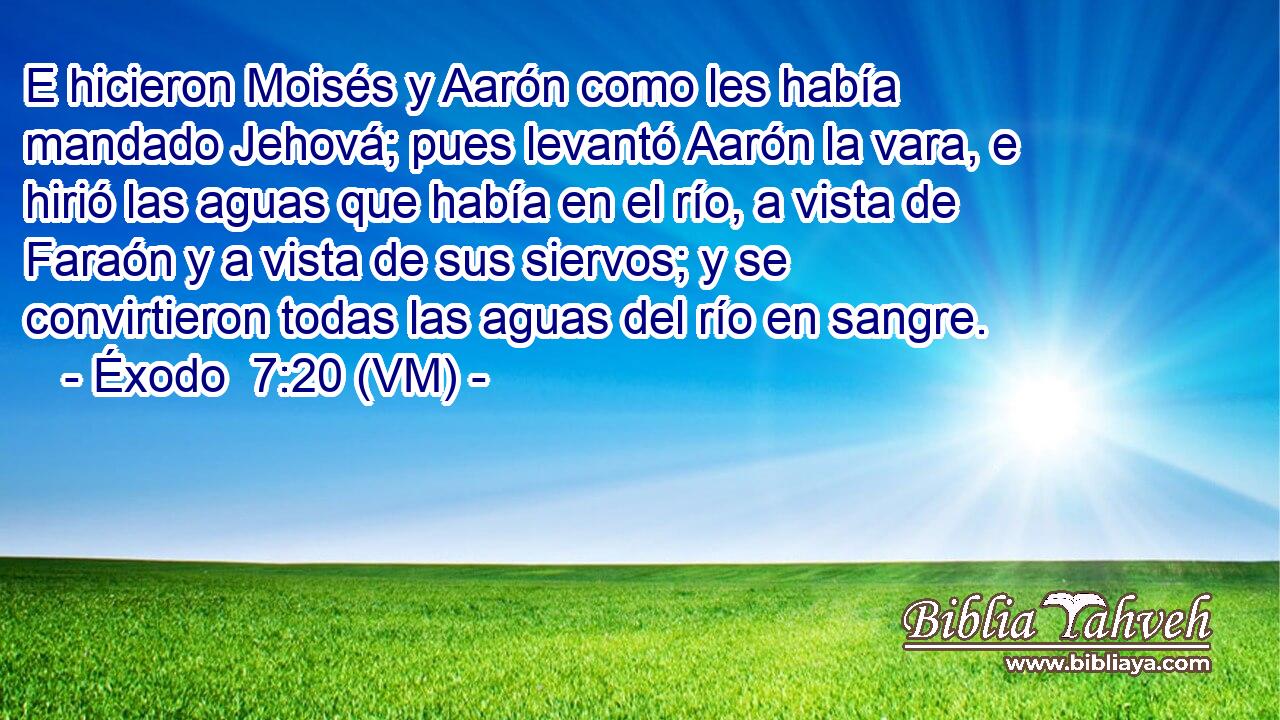 E hicieron Moisés y Aarón como les había mandado Jehová; pues levantó Aarón la vara, e hirió las aguas que había en el río, a vista de Faraón y a vista de sus siervos; y se convirtieron todas las aguas del río en sangre. 