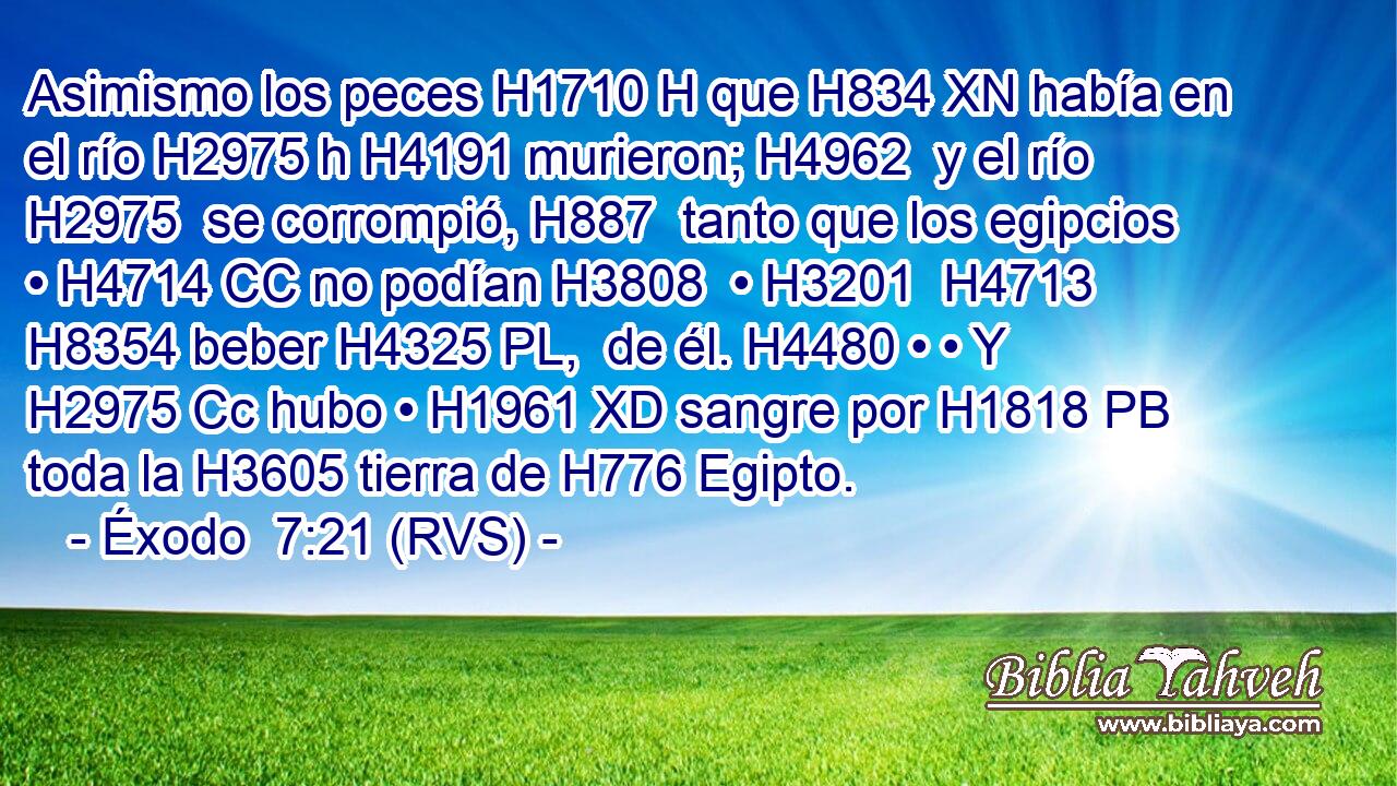 Asimismo los peces H1710 H que H834 XN había en el río H2975 h H4191 murieron; H4962  y el río H2975  se corrompió, H887  tanto que los egipcios • H4714 CC no podían H3808  • H3201  H4713 H8354 beber H4325 PL,  de él. H4480 • • Y H2975 Cc hubo • H1961 XD sangre por H1818 PB toda la H3605 tierra de H776 Egipto. 