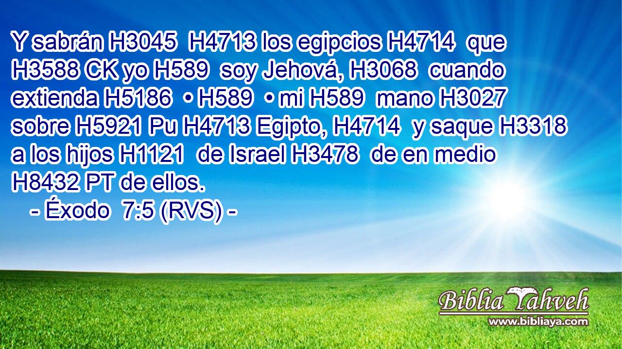 Y sabrán H3045  H4713 los egipcios H4714  que H3588 CK yo H589  soy Jehová, H3068  cuando extienda H5186  • H589  • mi H589  mano H3027  sobre H5921 Pu H4713 Egipto, H4714  y saque H3318  a los hijos H1121  de Israel H3478  de en medio H8432 PT de ellos. 