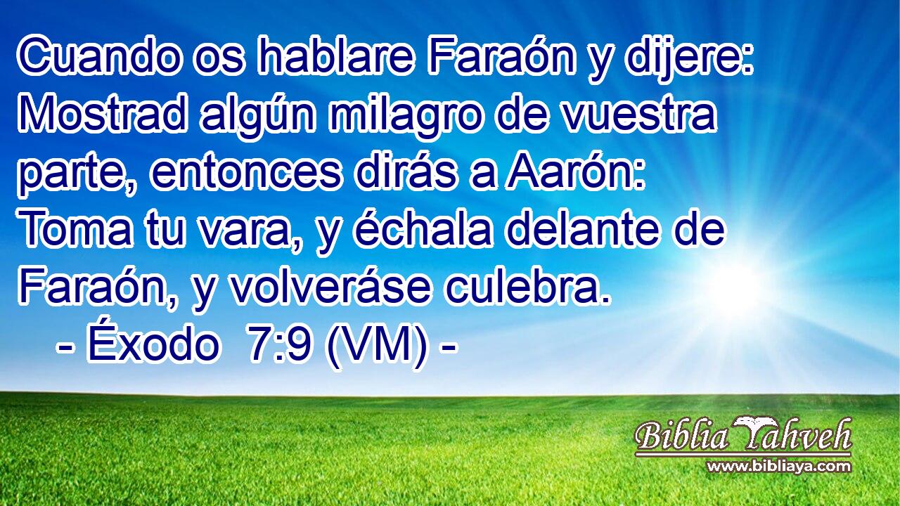  Cuando os hablare Faraón y dijere: Mostrad algún milagro de vuestra parte, entonces dirás a Aarón: Toma tu vara, y échala delante de Faraón, y volveráse culebra. 