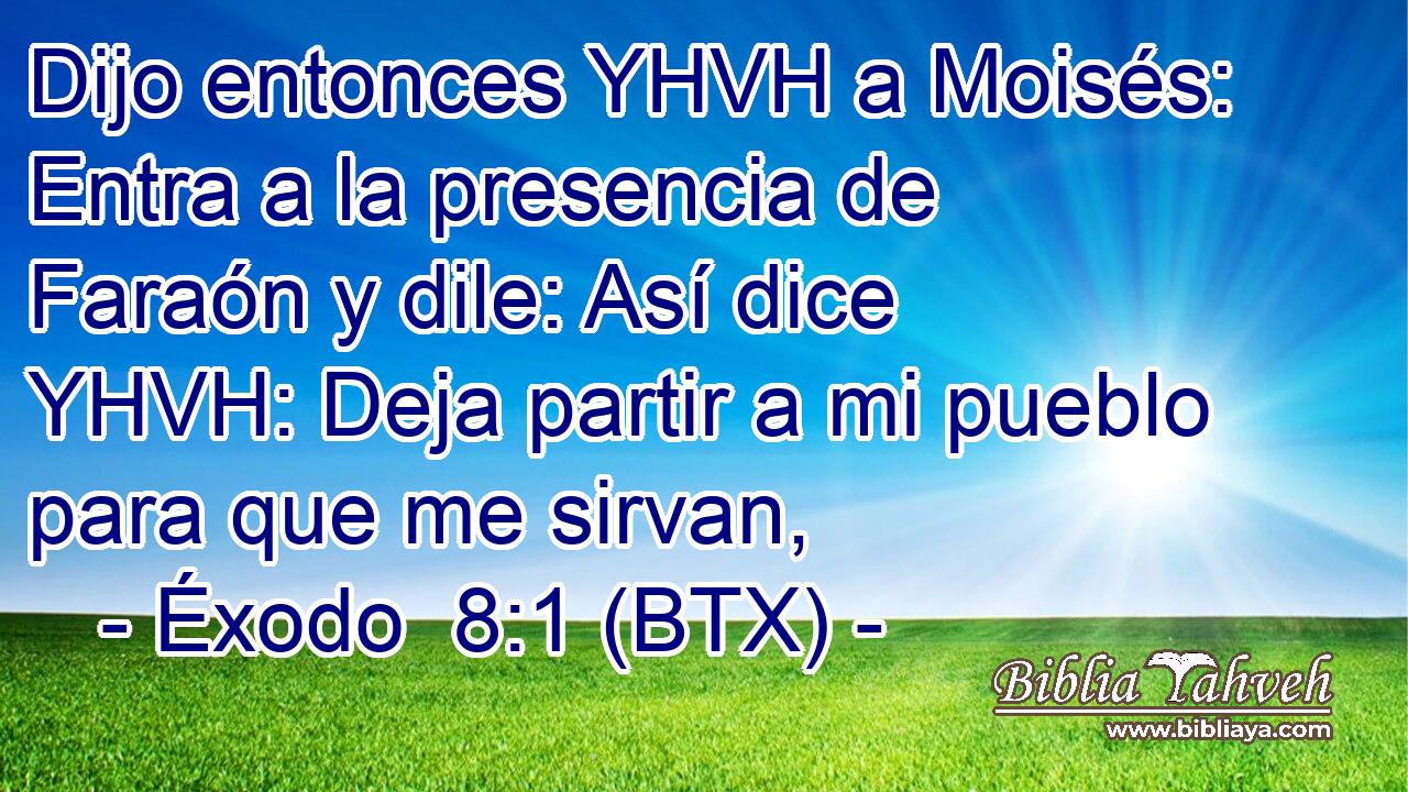 Dijo entonces YHVH a Moisés: Entra a la presencia de Faraón y dile: Así dice YHVH: Deja partir a mi pueblo para que me sirvan,