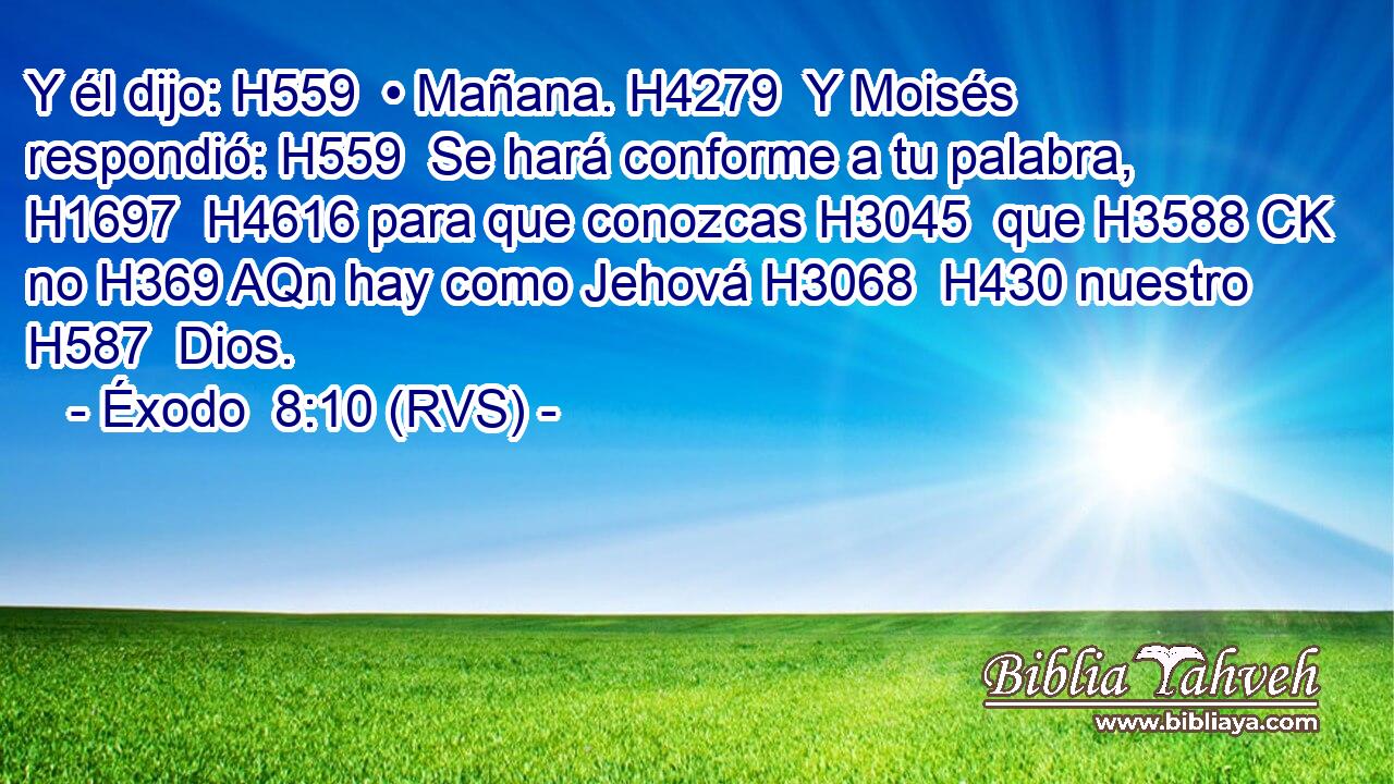 Y él dijo: H559  • Mañana. H4279  Y Moisés respondió: H559  Se hará conforme a tu palabra, H1697  H4616 para que conozcas H3045  que H3588 CK no H369 AQn hay como Jehová H3068  H430 nuestro H587  Dios. 