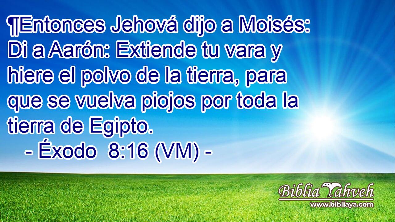  ¶Entonces Jehová dijo a Moisés: Di a Aarón: Extiende tu vara y hiere el polvo de la tierra, para que se vuelva piojos por toda la tierra de Egipto. 