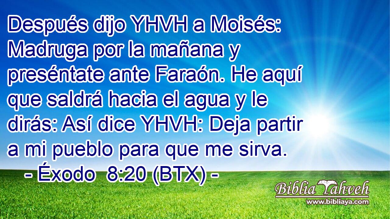 Después dijo YHVH a Moisés: Madruga por la mañana y preséntate ante Faraón. He aquí que saldrá hacia el agua y le dirás: Así dice YHVH: Deja partir a mi pueblo para que me sirva.