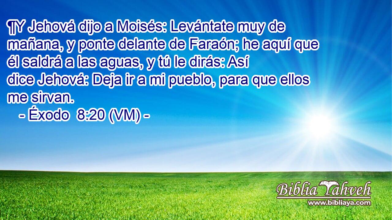  ¶Y Jehová dijo a Moisés: Levántate muy de mañana, y ponte delante de Faraón; he aquí que él saldrá a las aguas, y tú le dirás: Así dice Jehová: Deja ir a mi pueblo, para que ellos me sirvan. 
