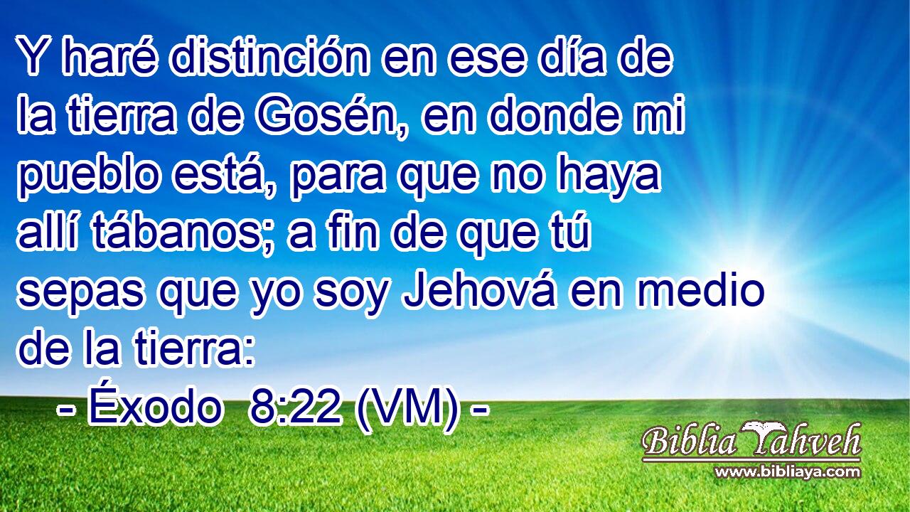  Y haré distinción en ese día de la tierra de Gosén, en donde mi pueblo está, para que no haya allí tábanos; a fin de que tú sepas que yo soy Jehová en medio de la tierra: 