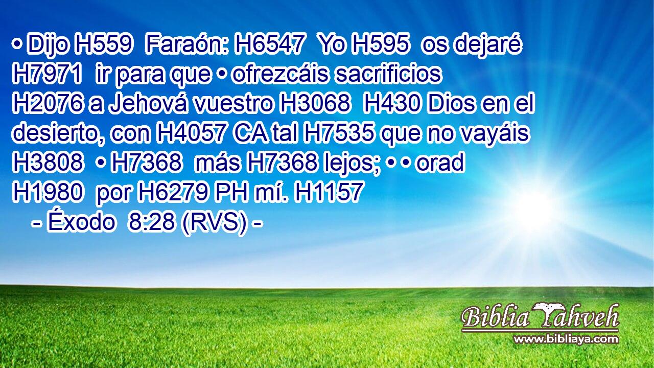 • Dijo H559  Faraón: H6547  Yo H595  os dejaré H7971  ir para que • ofrezcáis sacrificios H2076 a Jehová vuestro H3068  H430 Dios en el desierto, con H4057 CA tal H7535 que no vayáis H3808  • H7368  más H7368 lejos; • • orad H1980  por H6279 PH mí. H1157  