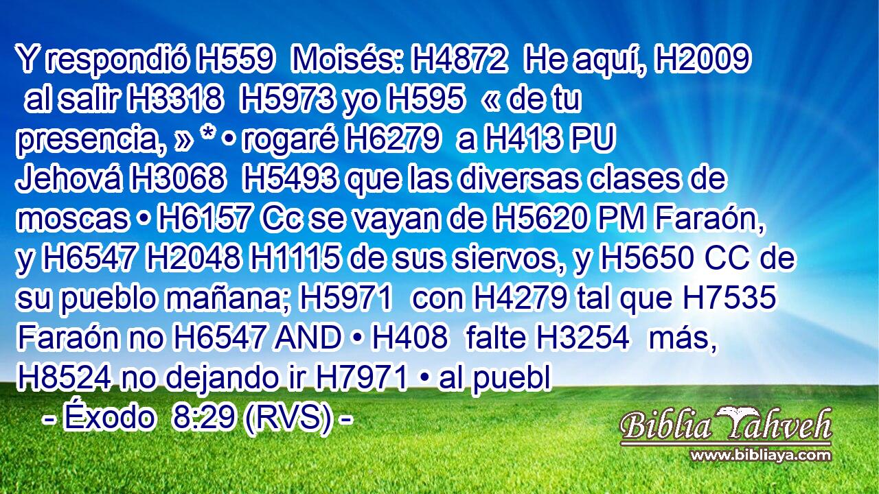 Y respondió H559  Moisés: H4872  He aquí, H2009  al salir H3318  H5973 yo H595  « de tu presencia, » * • rogaré H6279  a H413 PU Jehová H3068  H5493 que las diversas clases de moscas • H6157 Cc se vayan de H5620 PM Faraón, y H6547 H2048 H1115 de sus siervos, y H5650 CC de su pueblo mañana; H5971  con H4279 tal que H7535 Faraón no H6547 AND • H408  falte H3254  más, H8524 no dejando ir H7971 • al puebl