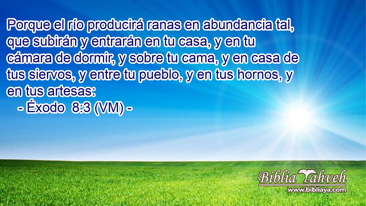  Porque el río producirá ranas en abundancia tal, que subirán y entrarán en tu casa, y en tu cámara de dormir, y sobre tu cama, y en casa de tus siervos, y entre tu pueblo, y en tus hornos, y en tus artesas: 
