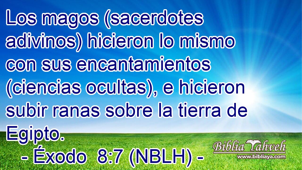  Los magos (sacerdotes adivinos) hicieron lo mismo con sus encantamientos (ciencias ocultas), e hicieron subir ranas sobre la tierra de Egipto. 