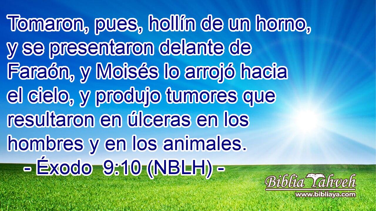  Tomaron, pues, hollín de un horno, y se presentaron delante de Faraón, y Moisés lo arrojó hacia el cielo, y produjo tumores que resultaron en úlceras en los hombres y en los animales. 