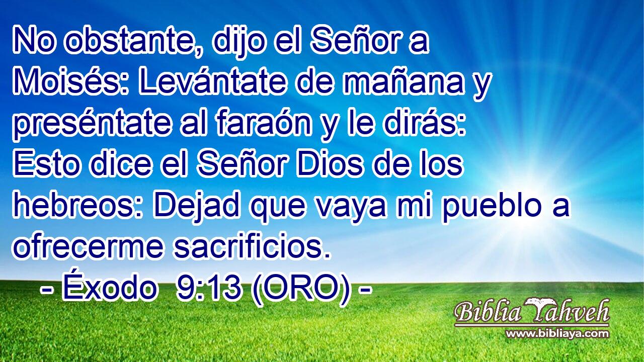  No obstante, dijo el Señor a Moisés: Levántate de mañana y preséntate al faraón y le dirás: Esto dice el Señor Dios de los hebreos: Dejad que vaya mi pueblo a ofrecerme sacrificios. 