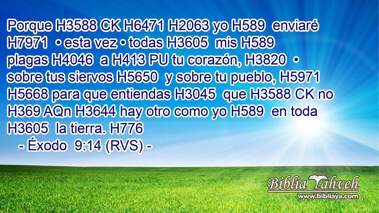 Porque H3588 CK H6471 H2063 yo H589  enviaré H7971  • esta vez • todas H3605  mis H589  plagas H4046  a H413 PU tu corazón, H3820  • sobre tus siervos H5650  y sobre tu pueblo, H5971  H5668 para que entiendas H3045  que H3588 CK no H369 AQn H3644 hay otro como yo H589  en toda H3605  la tierra. H776  