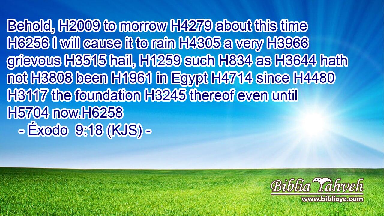 Behold, H2009 to morrow H4279 about this time H6256 I will cause it to rain H4305 a very H3966 grievous H3515 hail, H1259 such H834 as H3644 hath not H3808 been H1961 in Egypt H4714 since H4480  H3117 the foundation H3245 thereof even until H5704 now.H6258