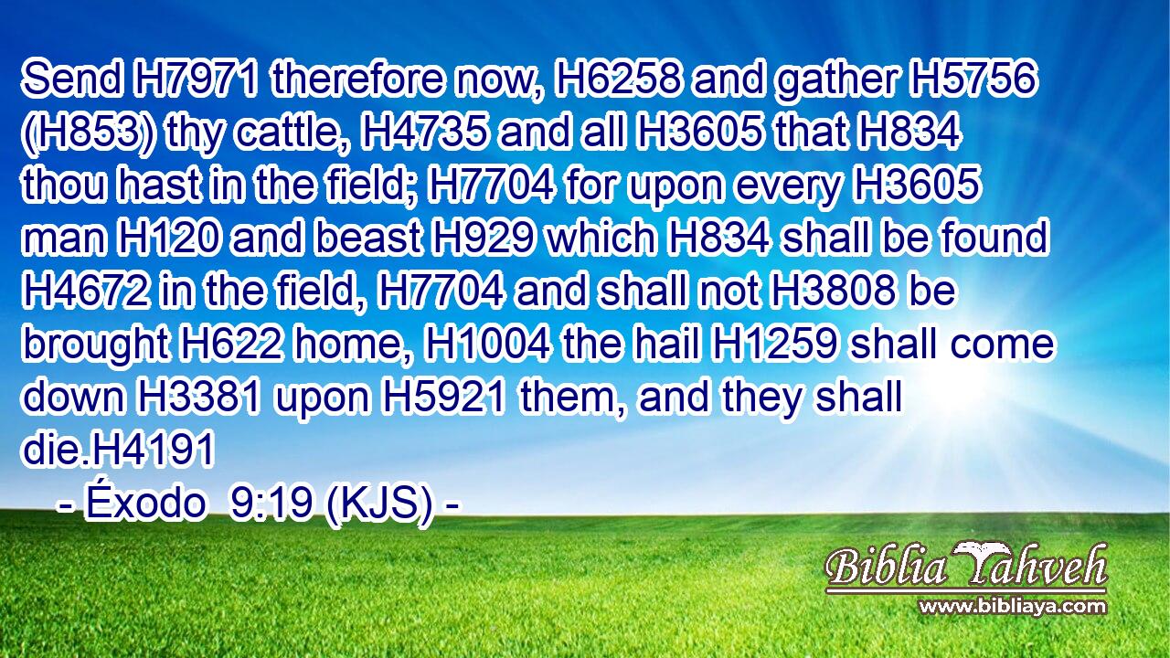 Send H7971 therefore now, H6258 and gather H5756 (H853) thy cattle, H4735 and all H3605 that H834 thou hast in the field; H7704 for upon every H3605 man H120 and beast H929 which H834 shall be found H4672 in the field, H7704 and shall not H3808 be brought H622 home, H1004 the hail H1259 shall come down H3381 upon H5921 them, and they shall die.H4191
