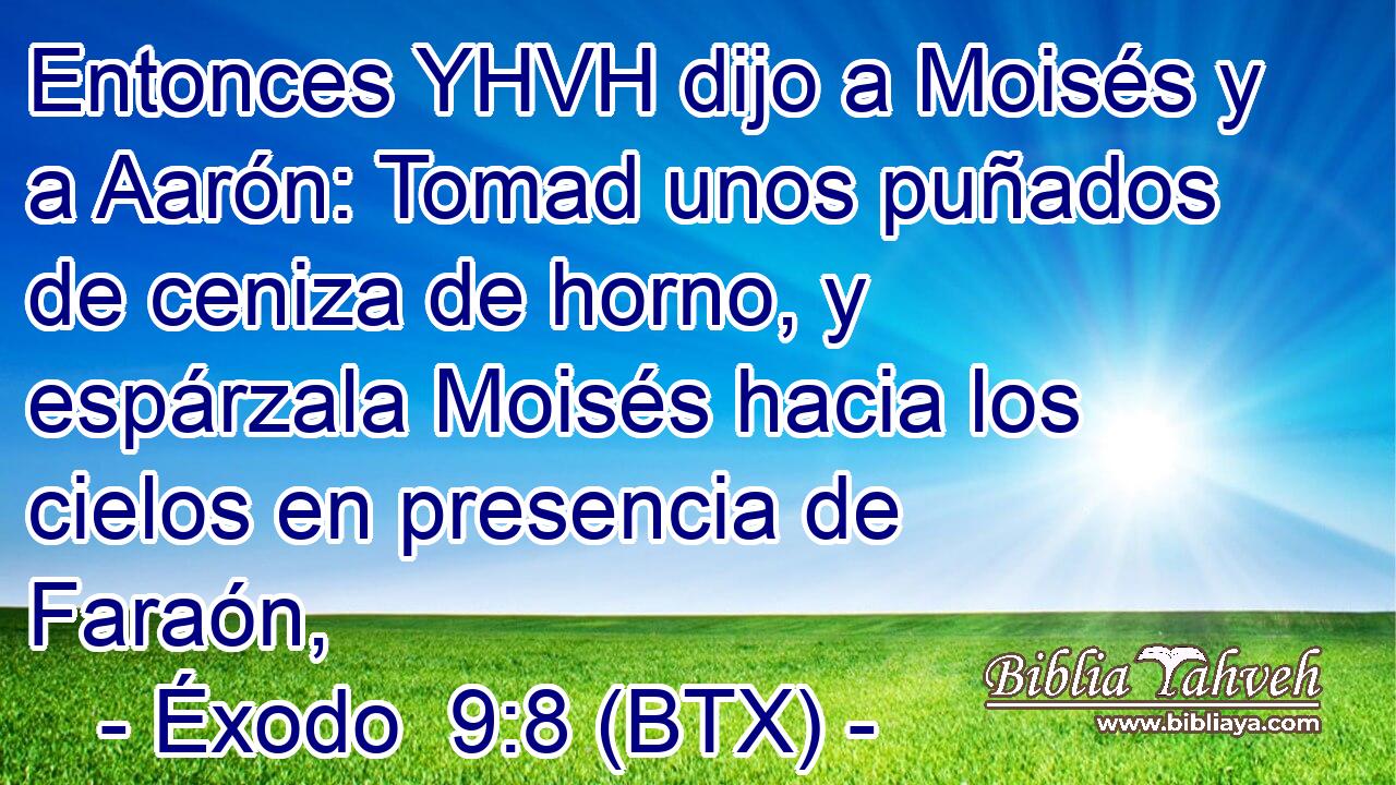 Entonces YHVH dijo a Moisés y a Aarón: Tomad unos puñados de ceniza de horno, y espárzala Moisés hacia los cielos en presencia de Faraón,