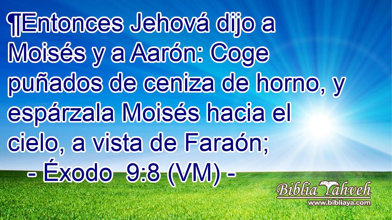  ¶Entonces Jehová dijo a Moisés y a Aarón: Coge puñados de ceniza de horno, y espárzala Moisés hacia el cielo, a vista de Faraón; 