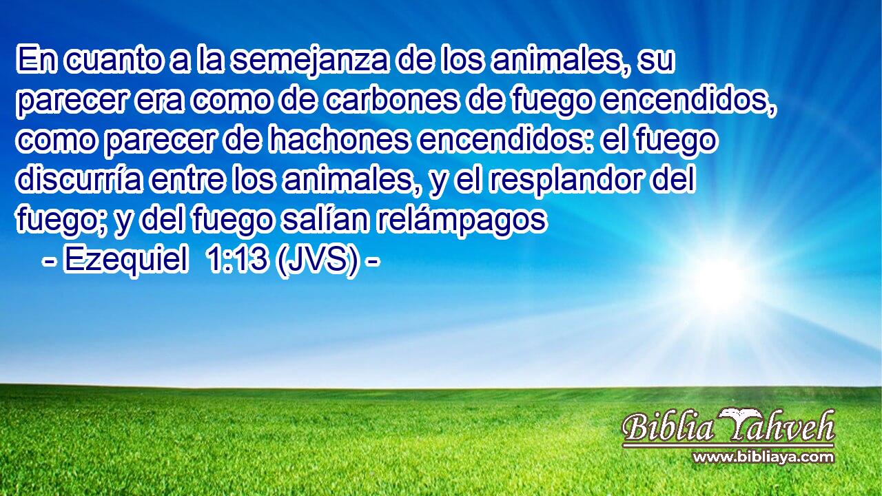 En cuanto a la semejanza de los animales, su parecer era como de carbones de fuego encendidos, como parecer de hachones encendidos: el fuego discurría entre los animales, y el resplandor del fuego; y del fuego salían relámpagos