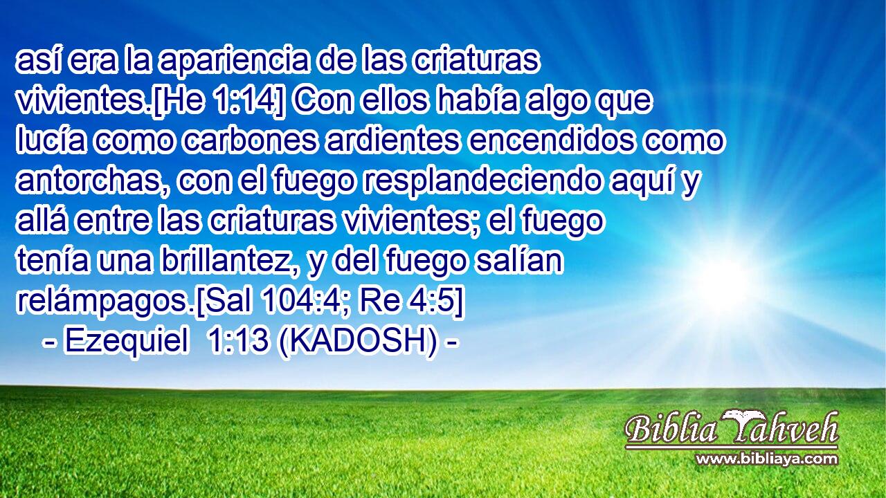  así era la apariencia de las criaturas vivientes.[He 1:14] Con ellos había algo que lucía como carbones ardientes encendidos como antorchas, con el fuego resplandeciendo aquí y allá entre las criaturas vivientes; el fuego tenía una brillantez, y del fuego salían relámpagos.[Sal 104:4; Re 4:5] 