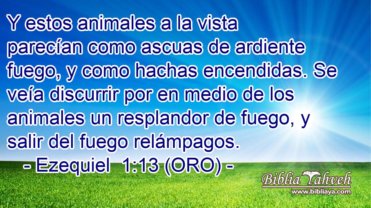 Y estos animales a la vista parecían como ascuas de ardiente fuego, y como hachas encendidas. Se veía discurrir por en medio de los animales un resplandor de fuego, y salir del fuego relámpagos. 