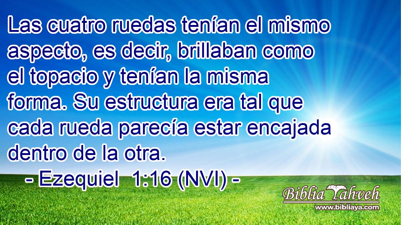  Las cuatro ruedas tenían el mismo aspecto, es decir, brillaban como el topacio y tenían la misma forma. Su estructura era tal que cada rueda parecía estar encajada dentro de la otra. 