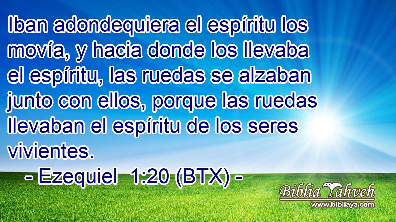 Iban adondequiera el espíritu los movía, y hacia donde los llevaba el espíritu, las ruedas se alzaban junto con ellos, porque las ruedas llevaban el espíritu de los seres vivientes.